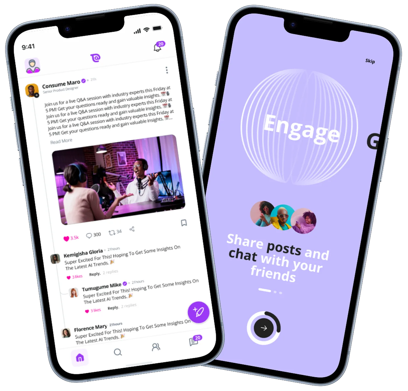 The TrustedAt app on two phones: the feed and the welcome screen
